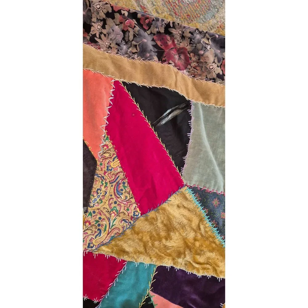 Vintage 1970s Handmade Velvet Crazy Quilt and Matching Pillow Set, Boho Eclectic